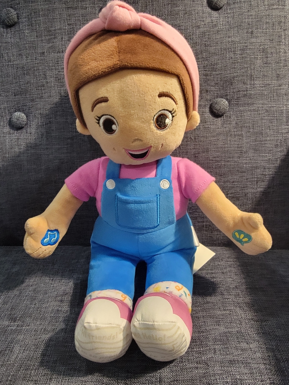 Rachel Pink-Headband Plush Doll in Pink Top and Blue Overalls